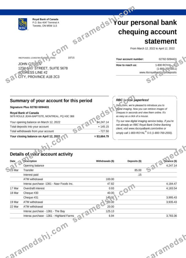 Canada Royal Bank of Canada (RBC) bank statement, Word and PDF template,version 3